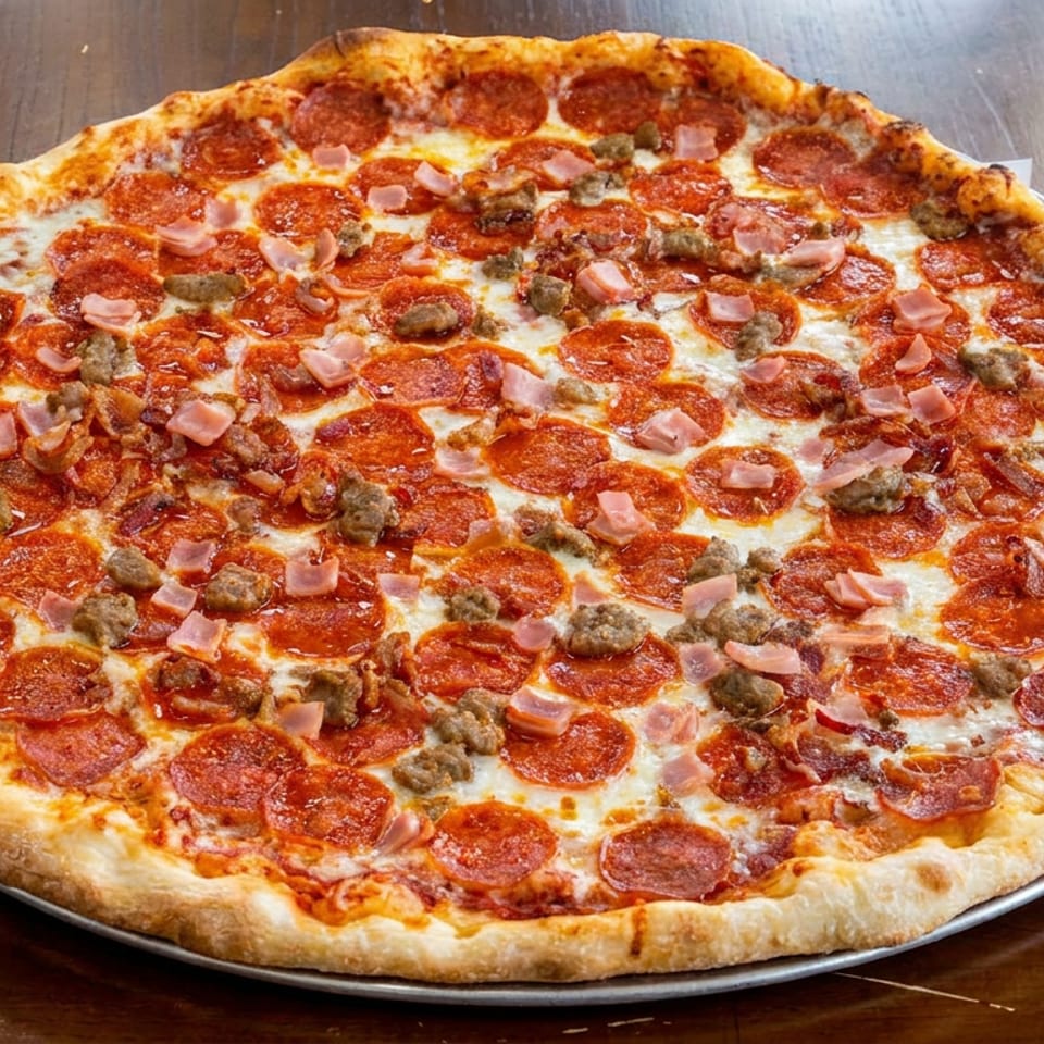 Whole pizza with pepperoni, sausage, and ham on a metal tray on a wooden table.