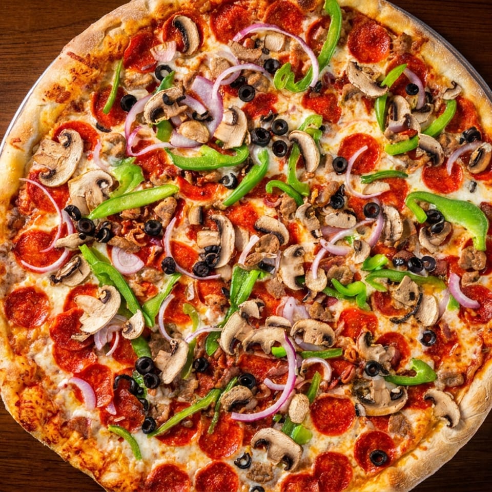 Delicious supreme pizza with pepperoni, mushrooms, green peppers, onions, and olives on wood.